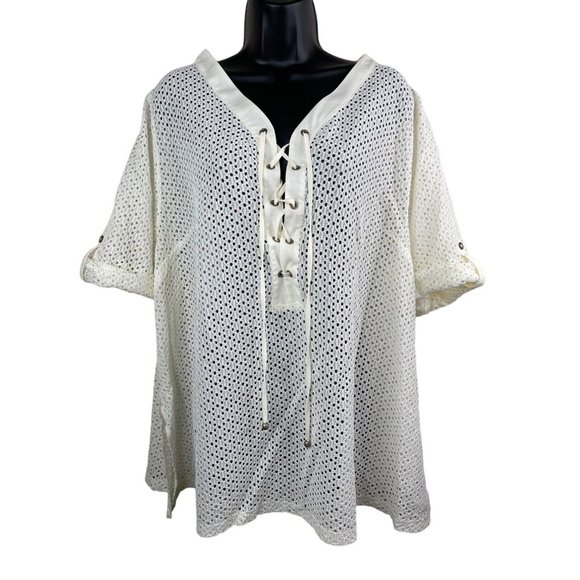 Catherines Tops - Catherines Top Women Plus Size 1X 18/20W Short Sleeve Ivory Knit Lacey Top Sheer